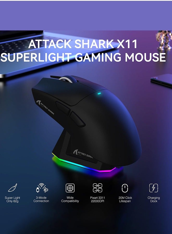 Attack Shark X11 Lightweight Wireless Gaming Mouse with RGB Charging Dock,Tri-Mode-2.4G/USB-C Wired/BT,22K DPI,PAW3311 Optical Sensor,HUYU Switch,5 programmable Buttons for PC/Mac(Black) - Image 5